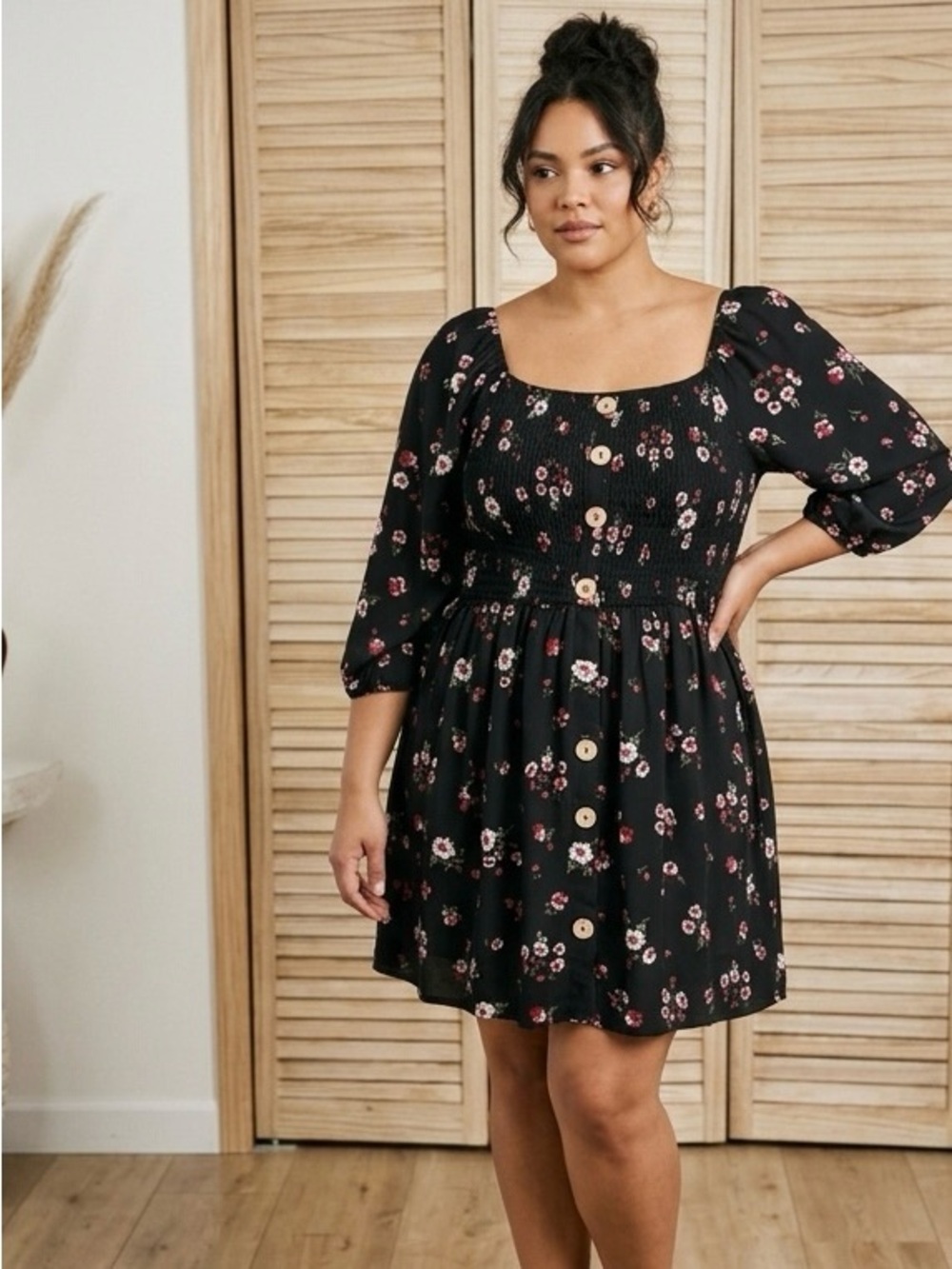 Vibe Sportswear Floral Button-Front Smocked Mini Dress - Black/Pink Rouched 2X